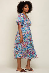 Blue Floral Shimmer Chiffon Ruffle Square Neck Smocked Midi Dress