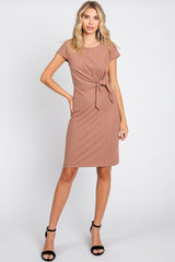 Mocha Ribbed Waist Tie Dress