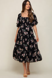 Black Floral Chiffon Ruffle Square Neck Smocked Maternity Midi Dress