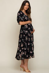 Black Floral Chiffon Ruffle Square Neck Smocked Maternity Midi Dress