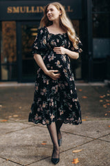 Black Floral Chiffon Ruffle Square Neck Smocked Maternity Midi Dress