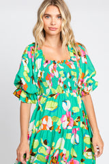 Green Floral Puff Sleeve Midi Dress