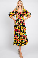 Black Floral Puff Sleeve Maternity Midi Dress