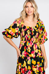 Black Floral Puff Sleeve Midi Dress