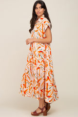 Peach Printed Button Down Collared Tiered Midi Dress