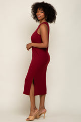 Burgundy Basic Ribbed Side Slit Midi Dress