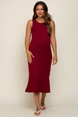 Burgundy Basic Ribbed Side Slit Maternity Midi Dress