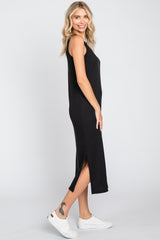 Black Basic Ribbed Side Slit Midi Dress