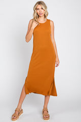 Camel Basic Ribbed Side Slit Midi Dress