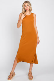 Camel Basic Ribbed Side Slit Midi Dress