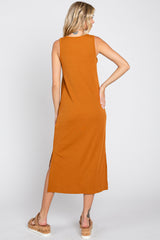 Camel Basic Ribbed Side Slit Midi Dress