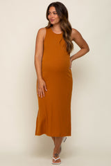 Camel Basic Ribbed Side Slit Maternity Midi Dress