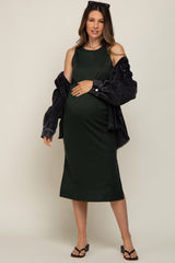 Forest Green Basic Ribbed Side Slit Maternity Midi Dress