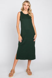 Forest Green Basic Ribbed Side Slit Midi Dress