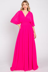 Fuchsia Chiffon V-Neck Smocked Waist Maternity Maxi Dress