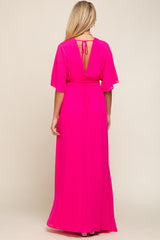 Fuchsia Chiffon V-Neck Smocked Waist Maternity Maxi Dress