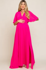 Fuchsia Chiffon V-Neck Smocked Waist Maternity Maxi Dress