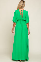 Green Chiffon V-Neck Smocked Waist Maternity Maxi Dress