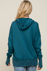 Teal Button Front Ribbed Trim Maternity Hooded Sweatshirt