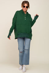 Forest Green Button Front Ribbed Trim Hooded Sweatshirt