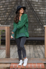 Forest Green Button Front Ribbed Trim Hooded Sweatshirt