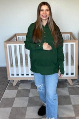 Forest Green Button Front Ribbed Trim Maternity Hooded Sweatshirt