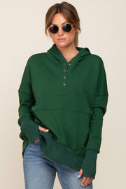 Forest Green Button Front Ribbed Trim Hooded Sweatshirt