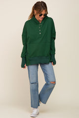 Forest Green Button Front Ribbed Trim Hooded Sweatshirt