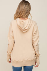 Cream Button Front Ribbed Trim Maternity Hooded Sweatshirt