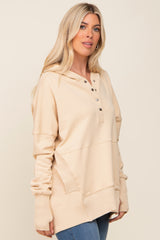 Cream Button Front Ribbed Trim Hooded Sweatshirt