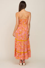 Yellow Floral Front Knot Cutout Crochet Trim Maternity Maxi Dress