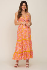 Yellow Floral Front Knot Cutout Crochet Trim Maternity Maxi Dress