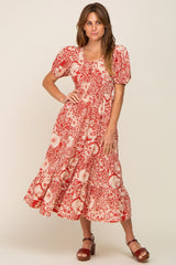 Rust Floral Tiered Midi Dress