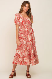 Rust Floral Tiered Midi Dress