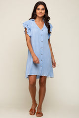 Light Blue Chambray Ruffle Sleeve Button Up Dress