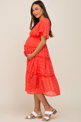 Coral Chiffon Animal Print Tiered Maternity Midi Dress