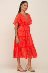 Coral Chiffon Animal Print Tiered Midi Dress