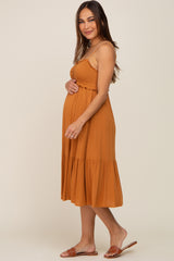 Camel Smocked Ruffle Accent Maternity Midi Dress