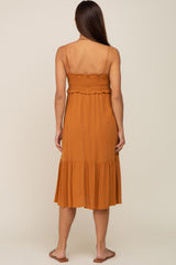 Camel Smocked Ruffle Accent Maternity Midi Dress