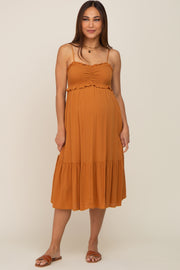 Camel Smocked Ruffle Accent Maternity Midi Dress