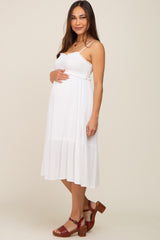 Ivory Smocked Ruffle Accent Maternity Midi Dress