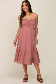 Mauve Smocked Ruffle Accent Maternity Midi Dress