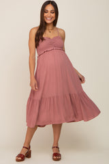 Mauve Smocked Ruffle Accent Maternity Midi Dress