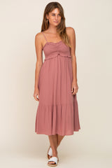 Mauve Smocked Ruffle Accent Maternity Midi Dress