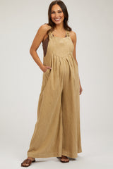 Beige Corduroy Front Pleated Wide Leg Maternity Overalls