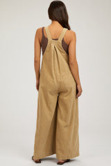 Beige Corduroy Front Pleated Wide Leg Maternity Overalls