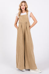 Beige Corduroy Front Pleated Wide Leg Maternity Overalls