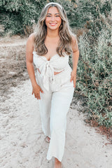 Beige Front Tie Crop Top and Pant Set