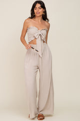 Beige Front Tie Crop Top and Pant Set