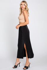 Black Pleated Side Slit Midi Skirt